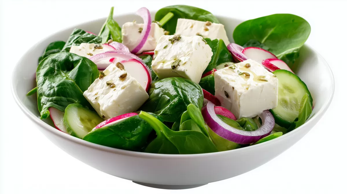 Spinatsalat mit Hüttenkäse, Radieschen und roter Zwiebel
