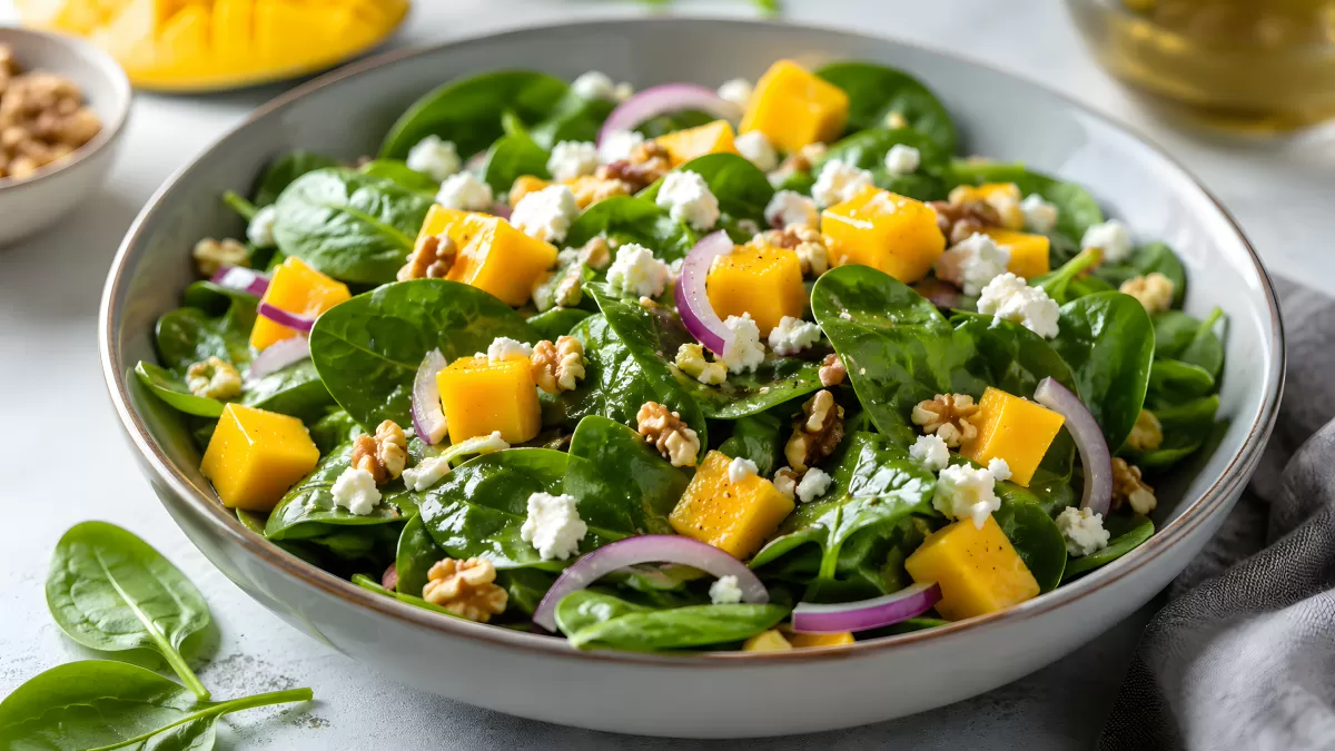 Spinatsalat mit Mango, Walnüssen und Feta