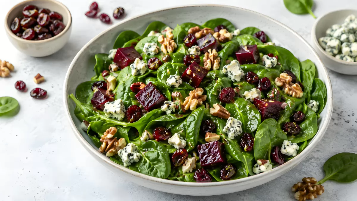 Spinatsalat mit Rote Bete, Walnüssen und Blauschimmelkäse