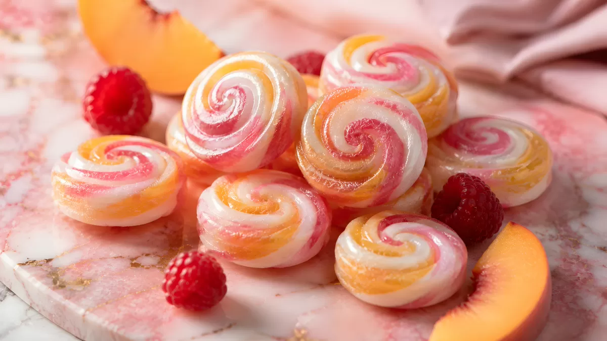 Spiralförmige Fruchtbonbons mit Pfirsich und Himbeere