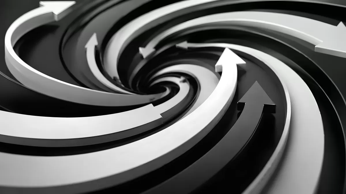Spiralförmige Pfeile in Schwarz und Weiß als 3D-Grafik