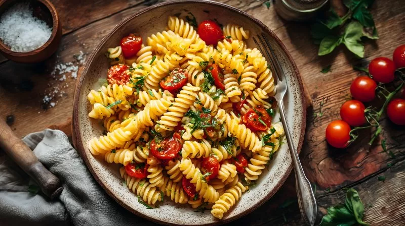 Spiralnudeln mit Tomaten und Kräutern in Schüssel