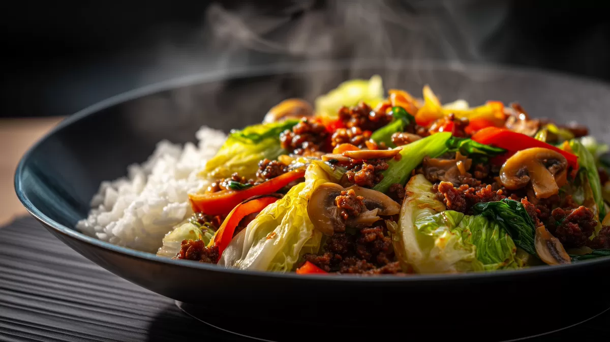 Spitzkohl Champignon Hack Pfanne mit Reis im Bowl