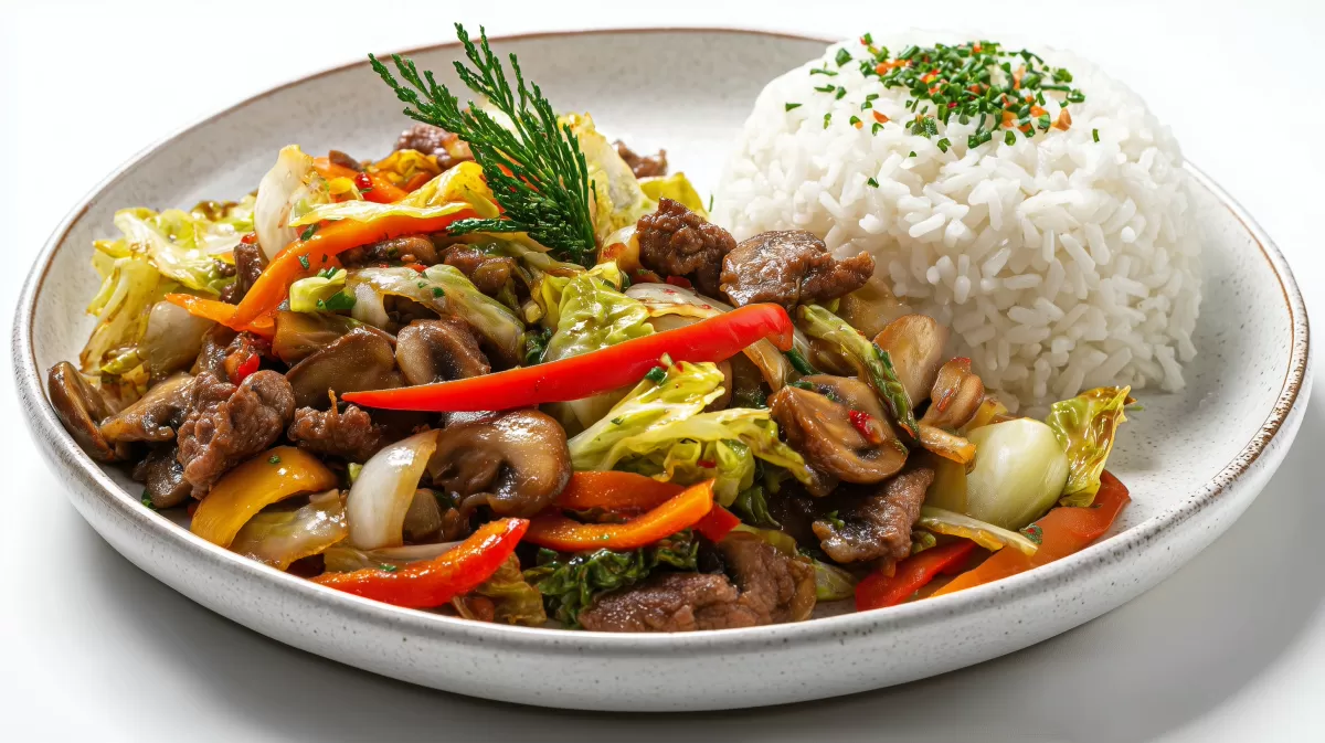 Spitzkohl Champignon Hack Pfanne mit Reis serviert