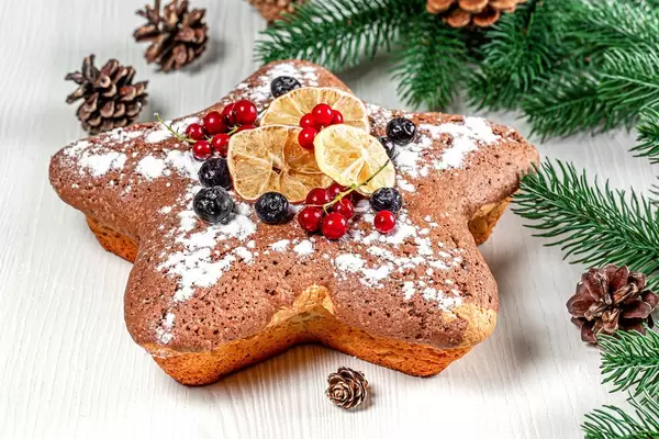 Sponge cake with red currants, blueberries and dried citrus pieces with Christmas tree branches and cones