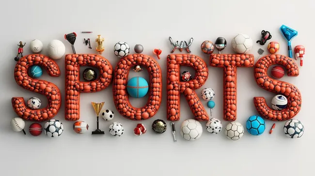 Sportartikel und Trophäen bilden den Schriftzug 'Sport'