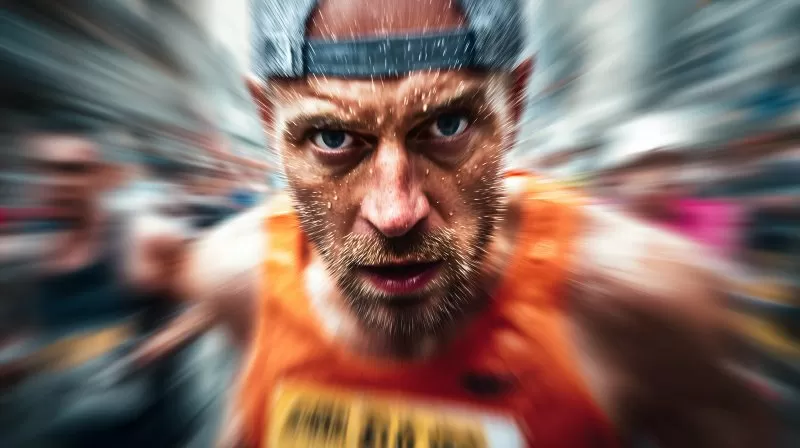 Sportler beim Marathonlauf durch städtische Umgebung in Bewegung