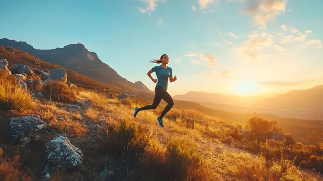 Sportlerin läuft bei Sonnenuntergang durch die Berge