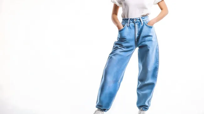 Sportliche Frau in übergroßen Jeans auf Weiß