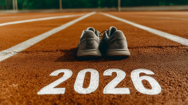 Sportliche Laufschuhe auf Leichtathletik-Laufbahn mit Jahreszahl 2026