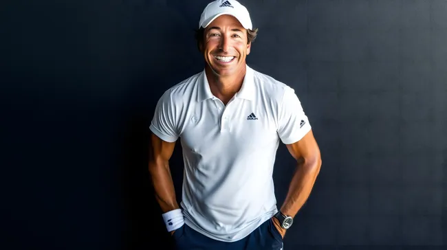 Sportlicher Mann lächelt und stellt sich vor