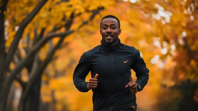 Sportlicher Mann läuft durch bunten Herbstwald