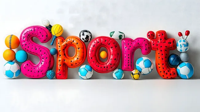 Sportliches Arrangement mit bunten Bällen und Lettern