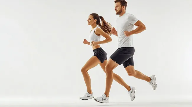 Sportliches Paar beim Joggen auf weißem Hintergrund