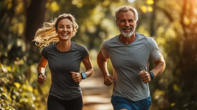 Sportliches Seniorenpaar beim Laufen im Wald