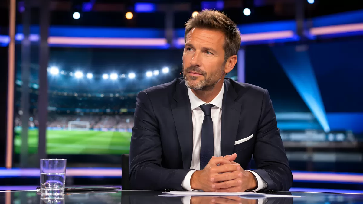 Sportmoderator im Anzug vor Fußballstadion-Kulisse