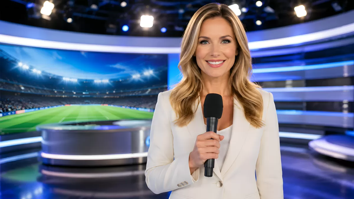 Sportmoderatorin im TV-Studio mit Fußballstadion im Hintergrund