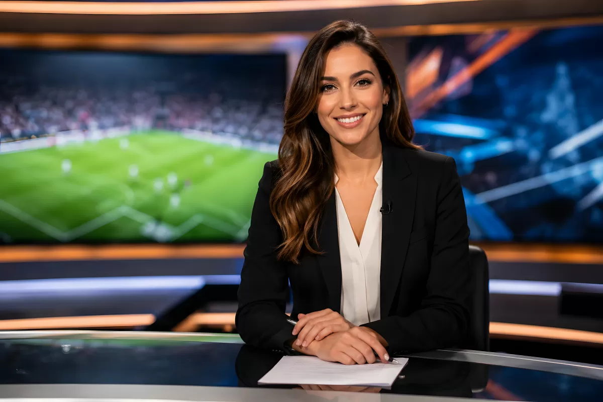 Sportmoderatorin im TV-Studio vor Fußballfeld
