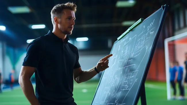 Sporttrainer erklärt Spielstrategie an interaktiver Tafel