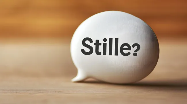Sprechblase mit Frage 'Stille?' auf Holzoberfläche