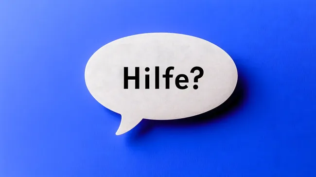 Sprechblase mit Hilfeanfrage auf blauem Hintergrund