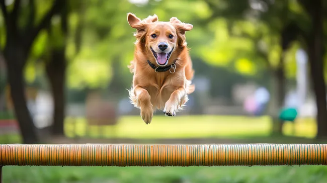 Springender Hund beim Agility-Training im Freien