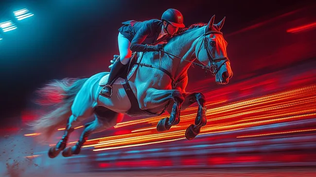 Springendes Pferd in Hochgeschwindigkeitsrennen mit Reiter