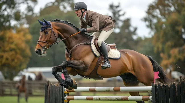 Springreiter und Pferd springen über Hindernis im Wald
