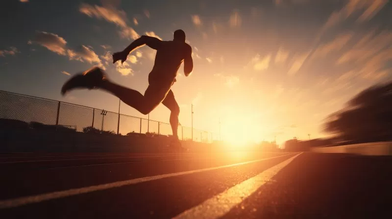 Sprinter beim Start auf Laufbahn mit Sonnenlicht