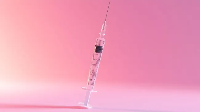 Spritze mit Flüssigkeit vor modernem rosafarbenem Hintergrund