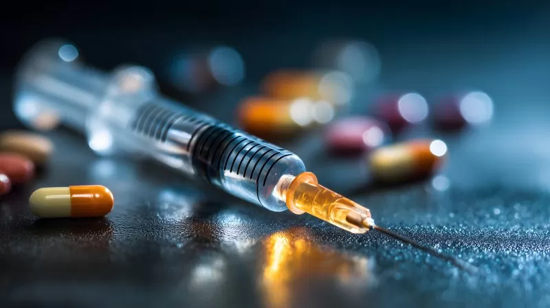 Spritze mit Medikamenten und Tabletten