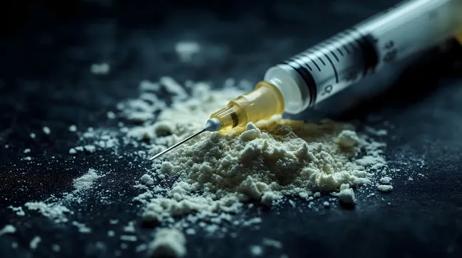 Spritze und Pulver auf dunkler Oberfläche