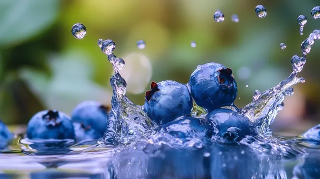 Spritzende Blaubeeren in Wasser mit Lichteffekt