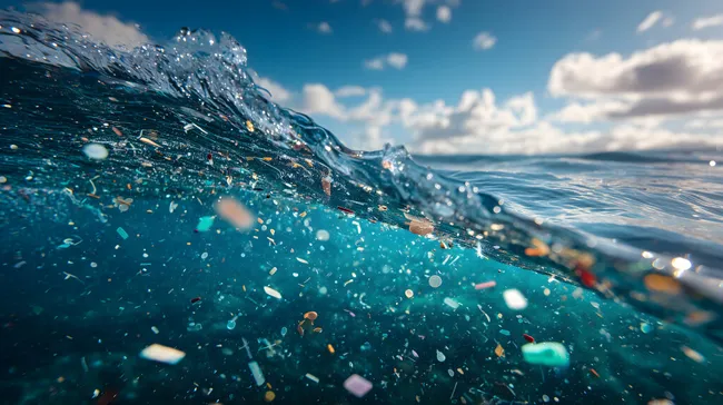 Spritzende Meeresplastik unter blauem Himmel