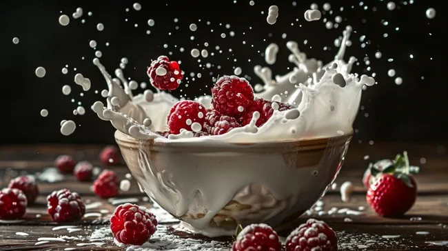 Spritzende Milch mit Himbeeren in rustikaler Schale