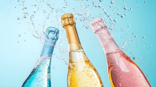 Spritzende Sektflaschen mit Wassertropfen vor Türkis