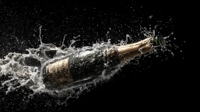 Spritzender Champagner vor schwarzem Hintergrund