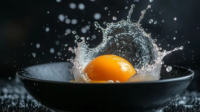 Spritzender Eidotter in schwarzer Schüssel