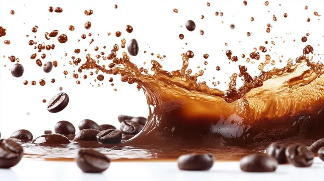 Spritzender Kaffee mit Schokoladenstücken in dynamischer Bewegung