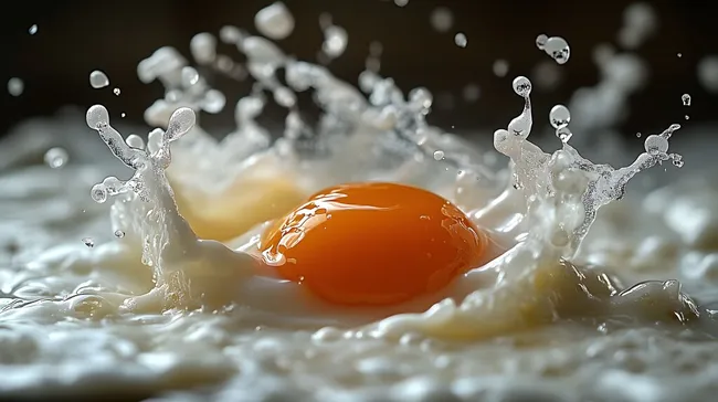 Spritzender Milcheffekt mit Eigelb in dynamischer Nahaufnahme