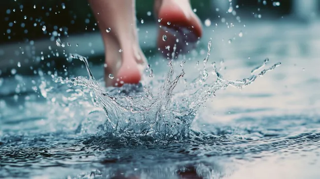 Spritzender Wasserstrahl unter nackten Füßen