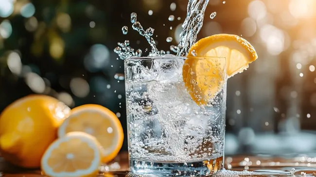 Spritzendes Mineralwasser mit Zitronenscheibe