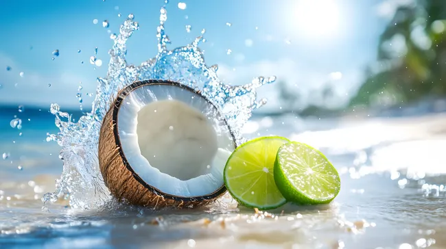 Spritzige Kokosnuss mit Limette in tropischem Wasser