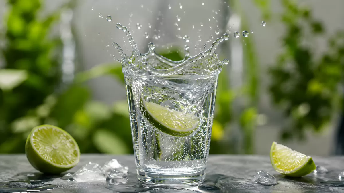 Spritziges Limettenwasser im Glas mit Eiswürfeln