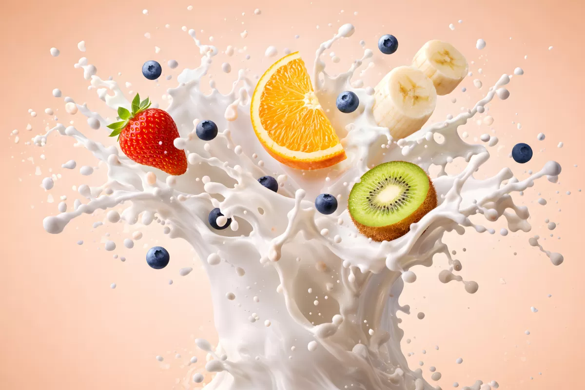 Spritziges Obst in milchiger Flüssigkeit