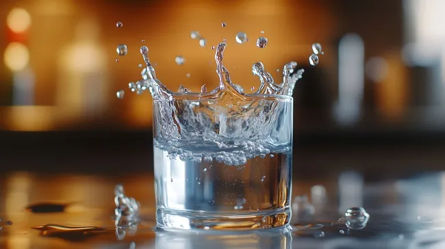 Spritzwasser-Effekt in Glas mit orangefarbigem Hintergrund