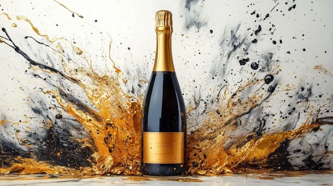 Sprudelnde Champagnerflasche vor goldenem Farbsplash