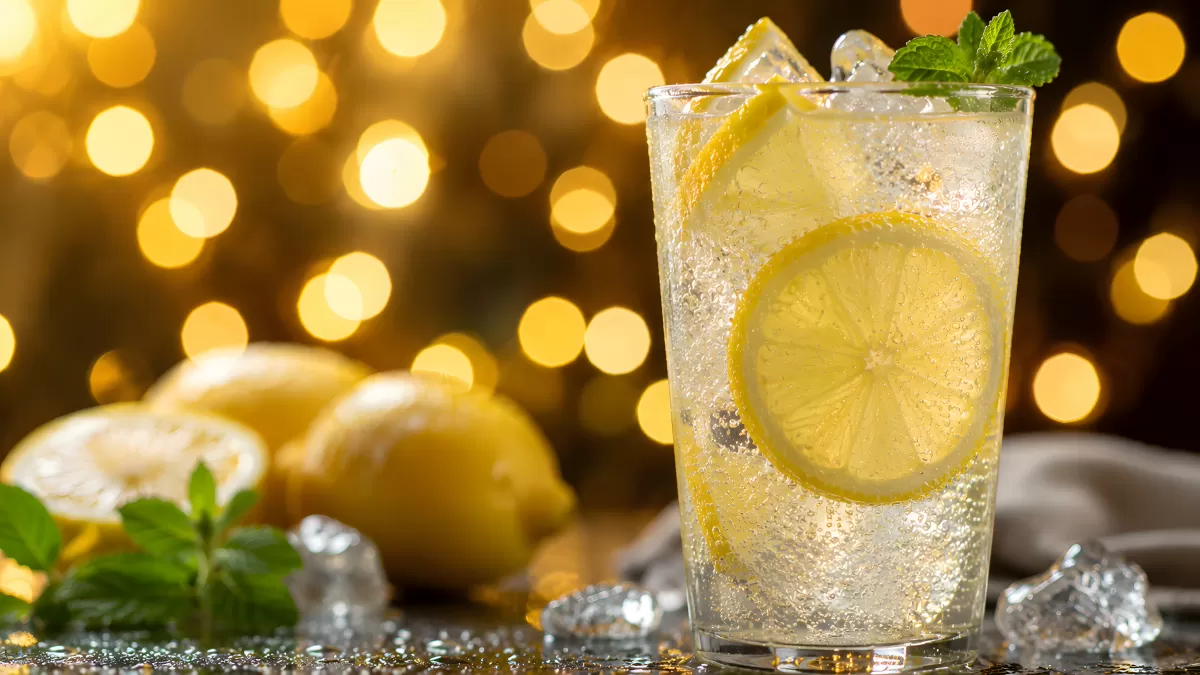 Sprudelnde Limonade mit Zitronenscheibe und Minze