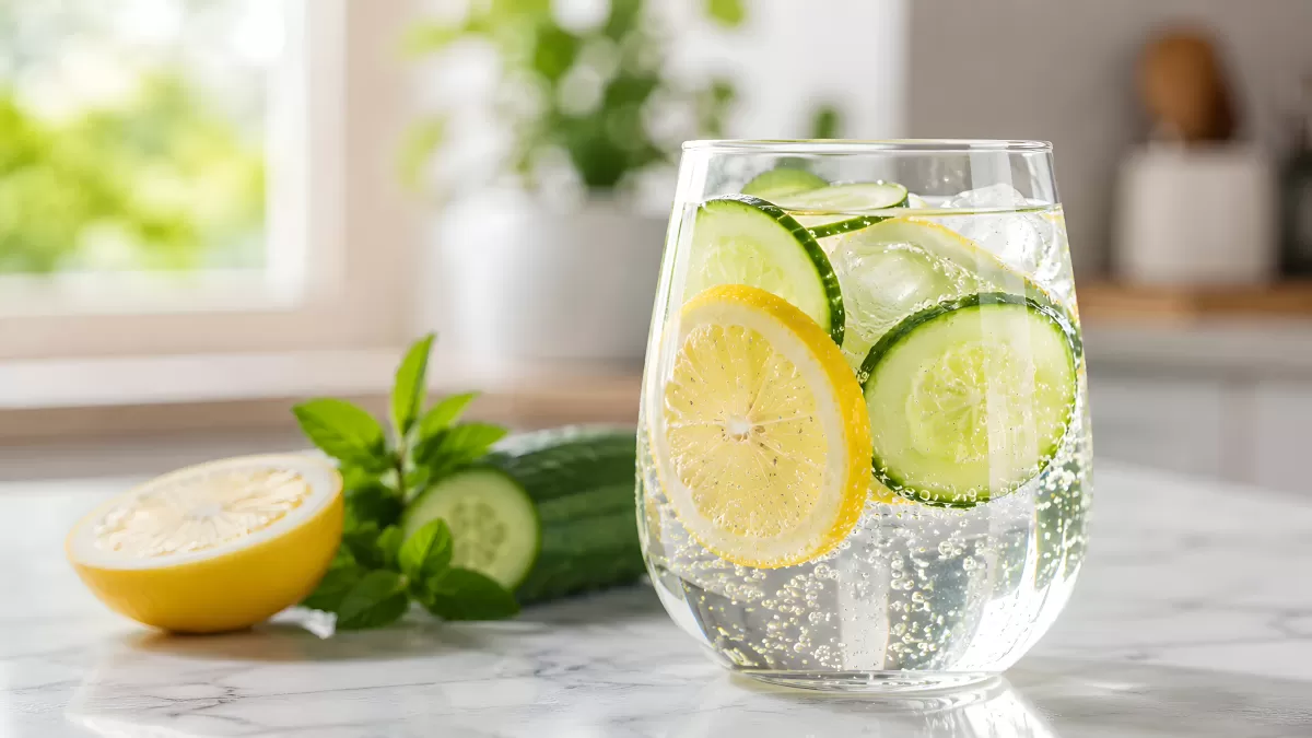 Sprudelwasser mit Zitrone und Gurke im Glas