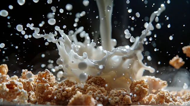 Sprühender Milchschwall übergießt knuspriges Müsli